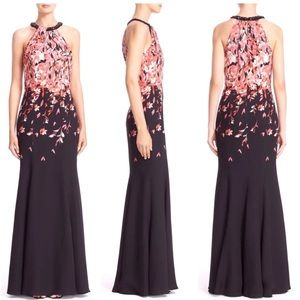 St. John Black Flamingo Degrade Floral Print Halter Gown